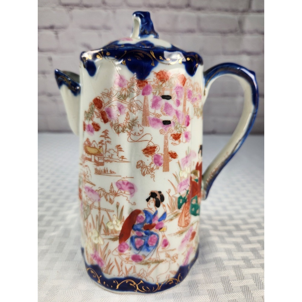 Vintage Japanese Kutani Geisha Ware Tea Chocolate Pot Cobalt Blue Trim Antique